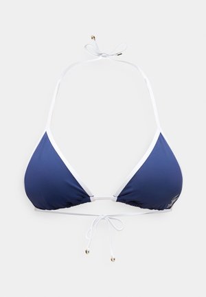 Haut de bikini en triangle bleu marine avec bordure blanche et liens ajustables au niveau du cou et du dos, avec de petits détails en perles métalliques.