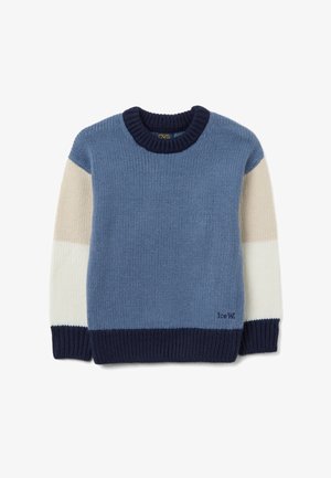 Strickpullover mit Rundhalsausschnitt, der ein blaues, cremefarbenes und marineblaues Farbblockdesign aufweist. Weiche Textur, gerippte Bündchen und Saum mit gesticktem Detail.