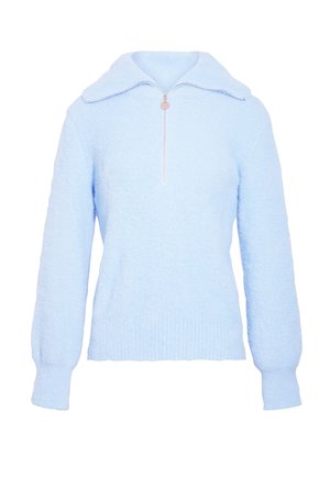 Light blue sweater made of fluffy fabric with a zippered neckline, oversized collar, and ribbed cuffs and hem. Textured finish throughout.