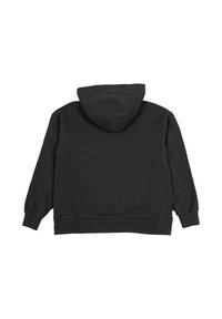 Felpa con cappuccio grigia scura, con maniche lunghe e polsini a costine, mostrata da dietro su uno sfondo bianco.