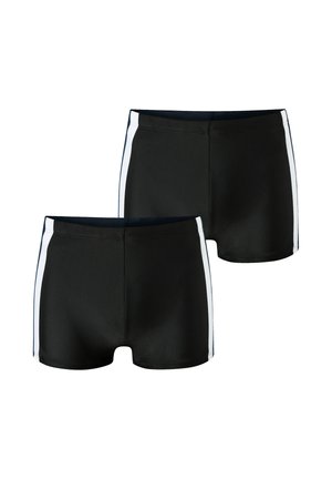 Due pantaloncini da bagno neri con strisce verticali bianche sui lati, mostrati su uno sfondo bianco.