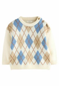Gestructureerde crèmekleurige sweater met een ruitpatroon in blauw, beige en bruin. Beschikt over een ribbelkraag en twee knopen op de schouder.