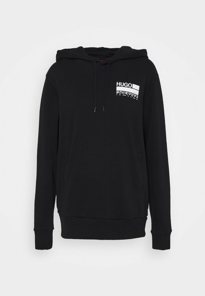 Sweat à capuche noir avec poche frontale et logo blanc "HUGO" sur la poitrine gauche, doté de cordons de serrage et de poignets et ourlet côtelés.