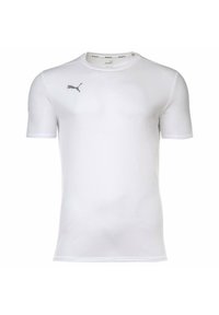 Maglietta sportiva bianca realizzata in tessuto leggero. Presenta maniche corte, un collo rotondo e un piccolo logo grigio sulla parte superiore sinistra del petto.