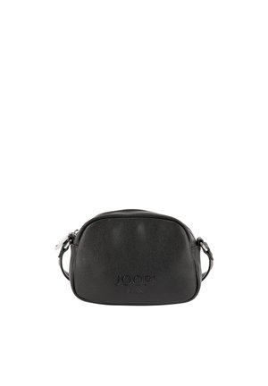 Petit sac bandoulière en cuir noir avec logo JOOP! JEANS embossé et bretelles latérales réglables sur fond blanc.