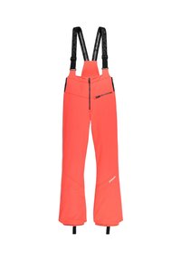 Heldere koraalkleurige skibroek met verstelbare zwarte bretels, ritssluitingen en een taps toelopend ontwerp; inclusief zwarte accenten en een logo-detail.