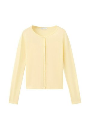 Cárdigan de manga larga color amarillo claro con cuello redondo y cierre frontal con botones, exhibido sobre un fondo blanco.