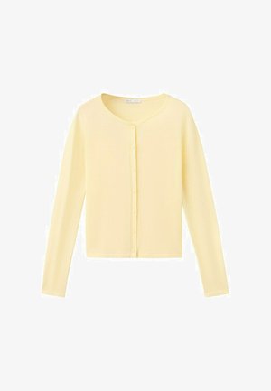 Jasnożółty kardigan z długim rękawem, okrągłym dekoltem i zapięciem na guziki z przodu, przedstawiony na białym tle.