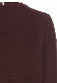 Bordeauxfarbener Strickpullover mit rundem Ausschnitt, glatter Textur und leichtem Rippenmuster am Kragen. Mit einer Nahtdetails auf der Rückseite.