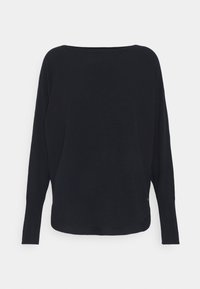 Schwarzer, übergroßer Pullover mit weitem Ausschnitt, langen Ärmeln und strukturiertem Strickstoff. Abgerundeter Saum am unteren Ende.
