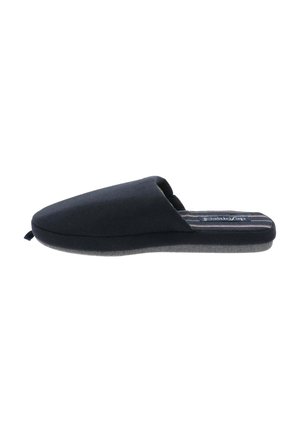 Pantofole slip-on blu navy con tomaia in tessuto morbido, punta arrotondata e suola grigia testurizzata. L'interno presenta un design a righe per un tocco di dettaglio in più.