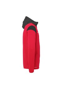 Rød hoodie med sorte detaljer, lavet af blødt stof. Har en frontlomme og en hætte med snøre. Slank, moderne pasform.