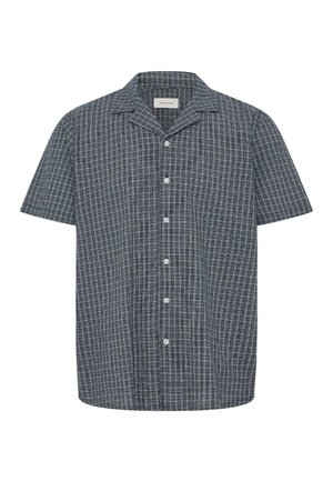 Camicia a maniche corte con bottoni e colletto piccolo, con un motivo a quadri in grigio scuro e blu.