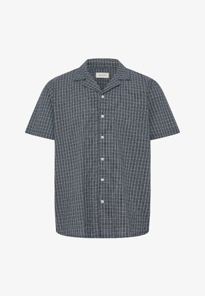 Rövid ujjú, gombos ing kis gallérral, sötétszürke és kék kockás mintával.