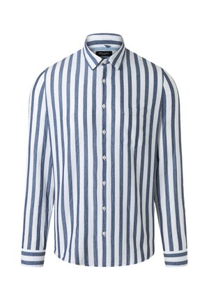 Koszula na guziki z długim rękawem, ozdobiona pionowymi niebiesko-białymi paskami, z kieszenią z przodu i klasycznym kołnierzykiem.
