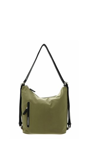 Sac bandoulière vert olive avec sangle noire ajustable, poche zippée avant et détails argentés sur la fermeture éclair, posé sur fond blanc.
