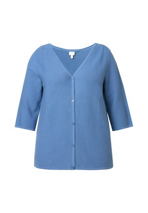 Hellblauer Cardigan aus weichem Stoff, mit V-Ausschnitt, Dreiviertelärmeln und Knopfverschluss vorne. Glatte Textur.