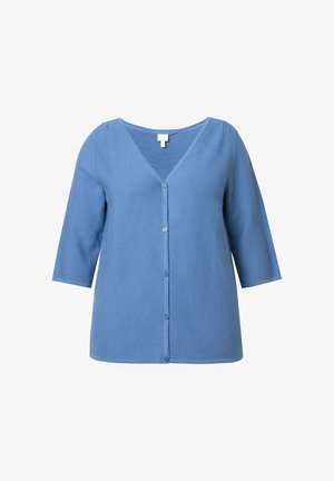 Lichtblauwe cardigan gemaakt van zachte stof, met een V-hals, driekwart mouwen en een knoopsluiting aan de voorkant. Gladde textuur.