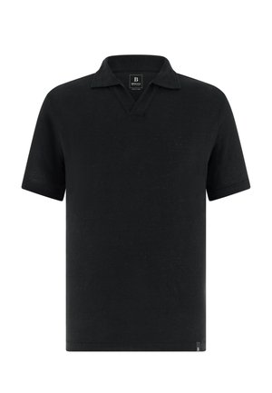 Černé polo tričko s krátkým rukávem, otevřeným límcem a malou značkou u dolního lemu.