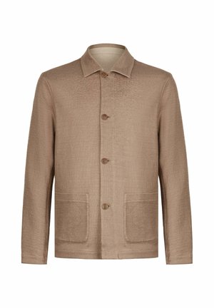 Veste marron clair à manches longues avec col, quatre boutons sur le devant et deux poches plaquées à l'avant.