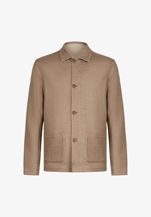 Jasnobrązowa kurtka z długim rękawem, kołnierzem, czterema guzikami z przodu i dwiema naszywanymi kieszeniami z przodu.