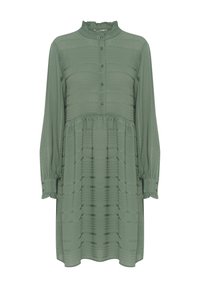 Abito verde a maniche lunghe con colletto arricciato, texture a righe verticali e chiusura frontale con bottoni. Presenta una vita arricciata e polsini con bottoni.