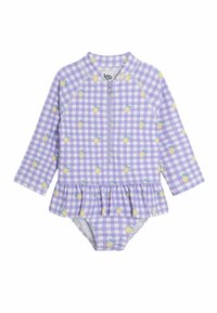 Paars gingham zwempak met lange mouwen, voorzien van een gekruist zoom en een geel citroenpatroon. Rits aan de voorkant. Gemaakt van rekbaar materiaal.
