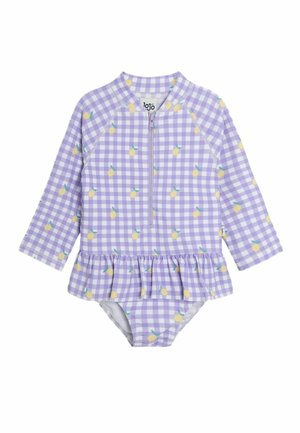 Costume da bagno a quadretti viola con maniche lunghe, caratterizzato da un orlo arricciato e un motivo di limoni gialli. Chiusura con zip sul davanti. Realizzato in materiale elasticizzato.