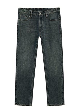Dunkelgraue gerade geschnittene Jeans aus Denim mit Vorder- und Gesäßtaschen, Knopfverschluss und Gürtelschlaufen.