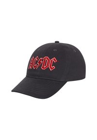 Black cotton baseball cap with a curved visor and embroidered red "AC/DC" logo. Features ventilation holes at the crown and adjustable strap.
