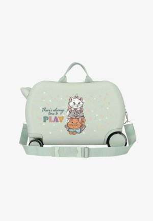 Maleta infantil para montar de color verde claro con tres gatos de dibujos animados apilados y el texto "Siempre hay tiempo para JUGAR."