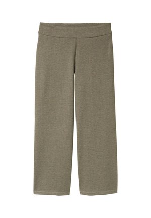 Alyvmedžių žalios plačios kelnės, pagamintos iš tekstūruotos medžiagos, su storu juosmeniu ir subtiliu šuns danties raštu visame paviršiuje.