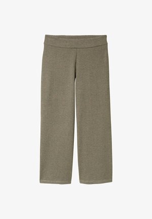 Olijfgroene wijde broek van textuurstof, met een brede tailleband en een subtiel houndstoothpatroon door het geheel.