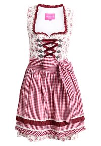 Robe dirndl blanche sans manches avec corsage floral rose, devant rouge à lacets, et tablier vichy rouge noué avec un nœud à la taille.