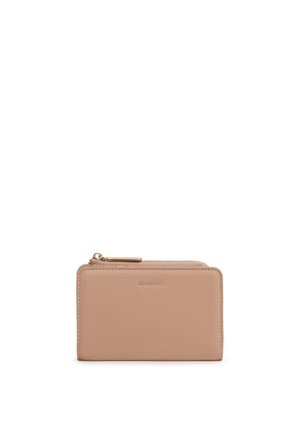 Portafoglio in pelle beige strutturata con zip dorata e piccolo nome del marchio in rilievo centrato sul davanti.