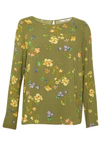 Oliwkowa bluzka z długimi rękawami, zdobiona kwiatowym wzorem w kolorze żółtym, pomarańczowym i niebieskim, z dekoltem w kształcie łezki z tyłu.