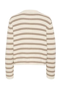 Haken trui met beige en crème horizontale strepen, ribgebreide mouwen en een ronde nek. Lichtgewicht, textuur gebreid ontwerp.