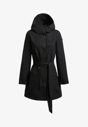 Schwarze, mittellange Kapuzenjacke mit Frontknöpfen, verstellbarem Gürtel, zwei Klappentaschen und langen Ärmeln.