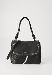 Black leather handbag with a structured shape, featuring a fold-over flap, decorative silver studs, and a white accent stripe. Two handles included.