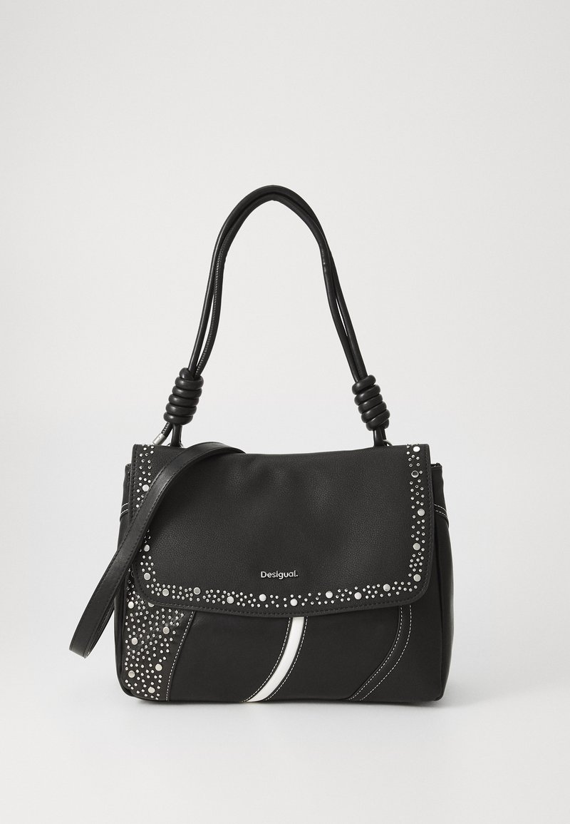 Black leather handbag with a structured shape, featuring a fold-over flap, decorative silver studs, and a white accent stripe. Two handles included.