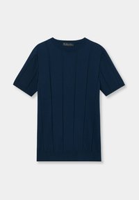 Top corto a maniche corte di colore blu navy in maglia con texture a coste, caratterizzato da righe verticali e scollatura tonda. Design leggero e aderente.