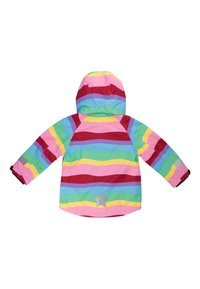 Voděodolná bunda s kapucí, zdobená vlnitými pruhy v růžové, červené, zelené, modré a žluté barvě. Stříbrná hvězdná akcent na zádech.