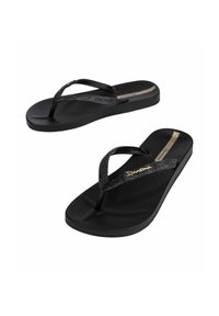 Black flip-flops with textured rubber soles, featuring glittery black straps and gold accents. Simple design suitable for casual wear.