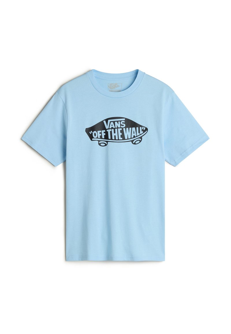 Světle modré bavlněné tričko s černým potiskem loga se slovy "VANS 'OFF THE WALL'" uvnitř grafiky skateboardu. Krátké rukávy.