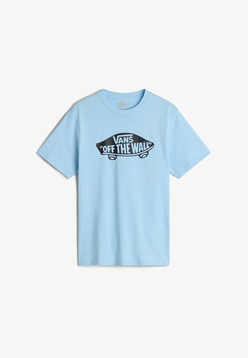 Ljusblå bomulls t-shirt med en svart tryckt logotyp med orden "VANS 'OFF THE WALL'" inuti en skateboardgrafik. Kortärmad.