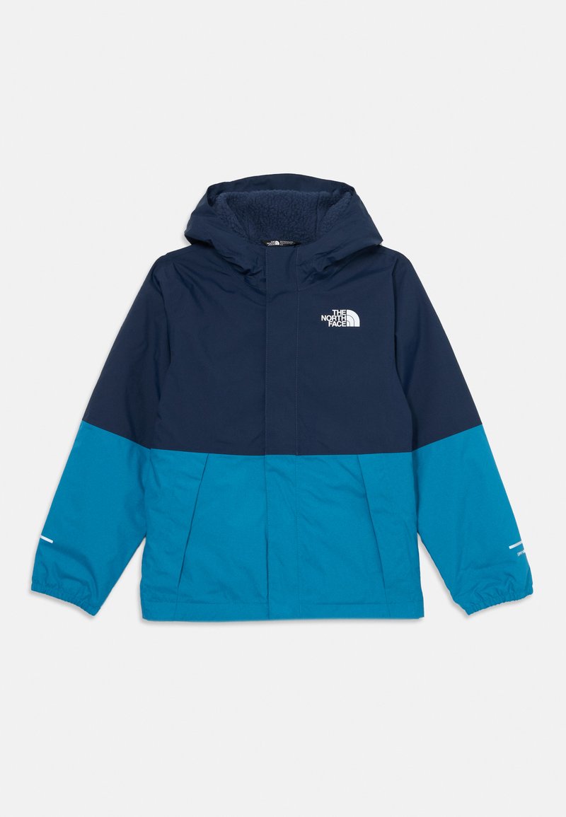 Pánska bunda v námorníckej modrej a smaragdovozelenej farbe, s kapucňou, zipsom a logom The North Face. Vyrobená z mäkkej, textúrovanej tkaniny s elastickými manžetami.