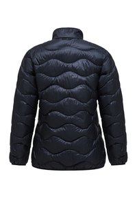 Zwarte gewatteerde jas met een quilted golfpatroon. Gemaakt van glanzend, lichtgewicht materiaal met een hoge kraag en elastische manchetten.