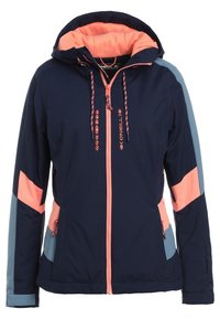 Marineblaue Softshelljacke mit einer pinkfarbenen gefütterten Kapuze, kontrastierenden hellblauen und korallenfarbenen Akzenten, Reißverschluss vorne und verstellbarem Kordelzug.