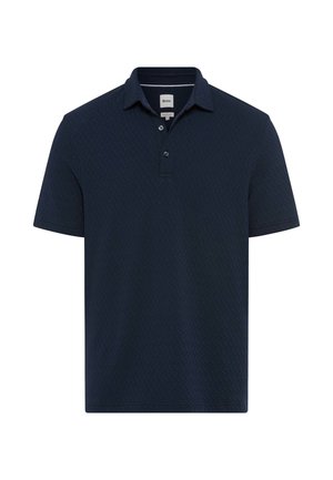 Marineblaues, strukturiertes Polohemd mit kurzen Ärmeln, Zwei-Knopf-Leiste und Kragen, auf weißem Hintergrund dargestellt.