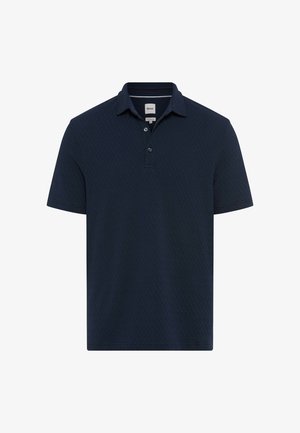 Polo bleu marine texturé à manches courtes avec patte de boutonnage à deux boutons et col, présenté sur fond blanc.
